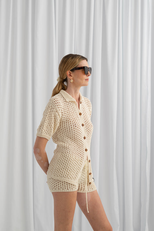 Openwork Knitted Polo Shirt